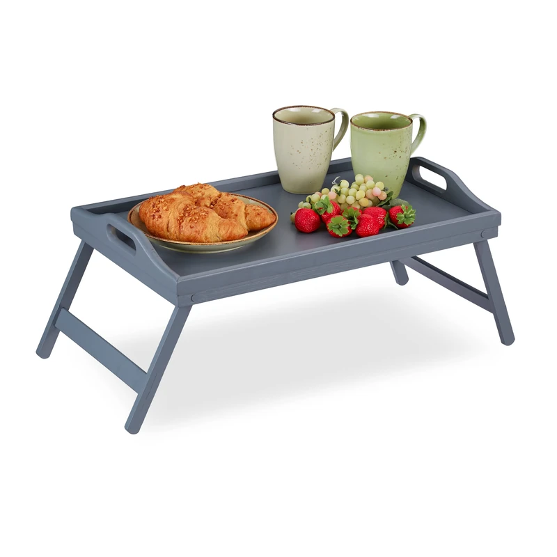 Relaxdays Bamboo Bed Tray, Folding Legs, Raised Edge, for Breakfast in Bed and Serving Table, HWD: 6.5 x 50 x 30 cm, Grey