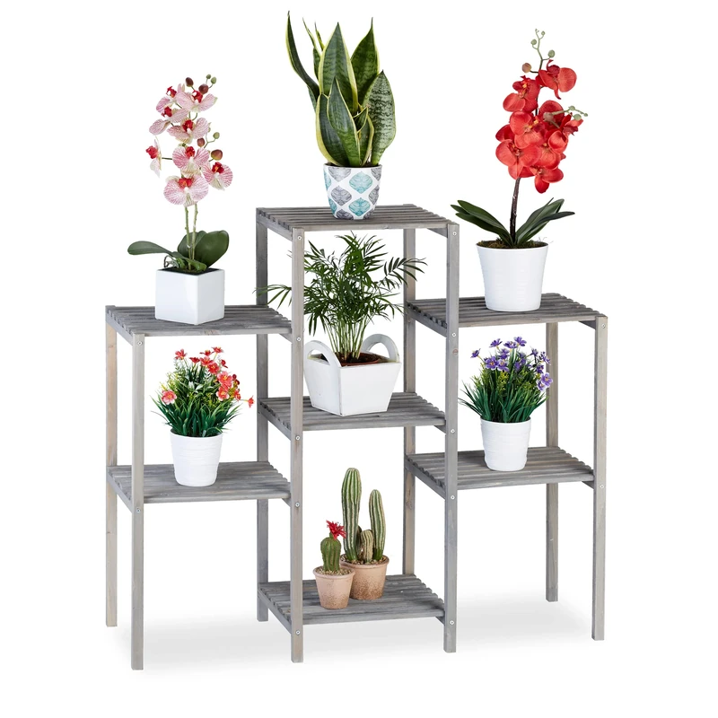 Relaxdays Wooden Flower Ladder Rack, Shabby Look, Indoor Use, Freestanding, Kitchen Plant Stand, HWD 86 x 95 x 29, Grey