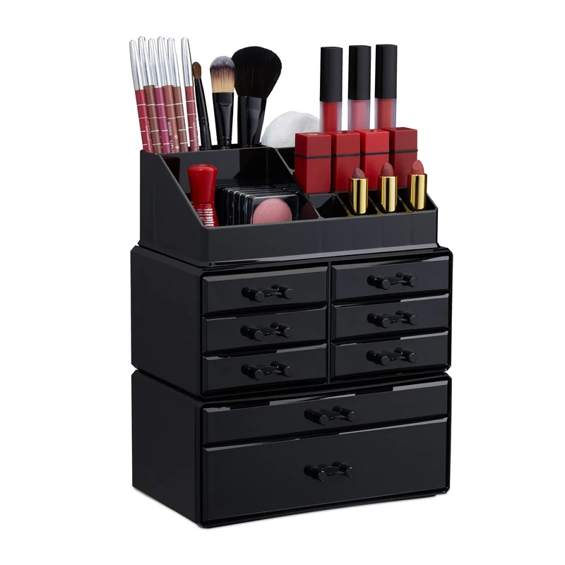 Relaxdays Makeup Organizer with Drawers, Stacking Makeup and Jewellery Box, Acrylic Cosmetic Kit, Black