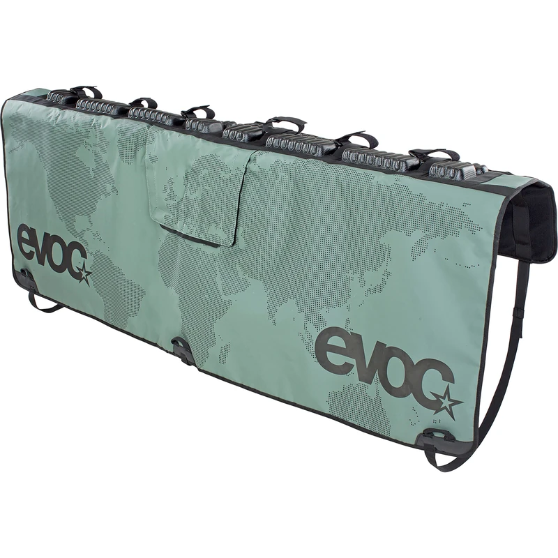 EVOC TAILGATE PAD for safe bike transport on pick-up trucks (secure fixation of up to 6 bikes, access to the tailgate lever, protection for pickup and bike, size: M/L), Olive