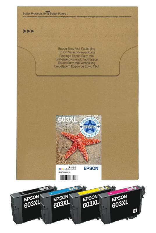 Epson 603XL Starfish High Yield Genuine Multipack, Eco-Friendly Packaging, 4-Colours Ink Cartridges