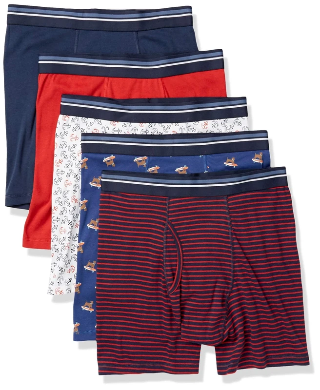Amazon Essentials Men's Underwear Boxer Briefs, Comfortable Cotton, Tag-Free, Pack of 5, Anchor/Dog Print/Mini Stripe, XX-Large