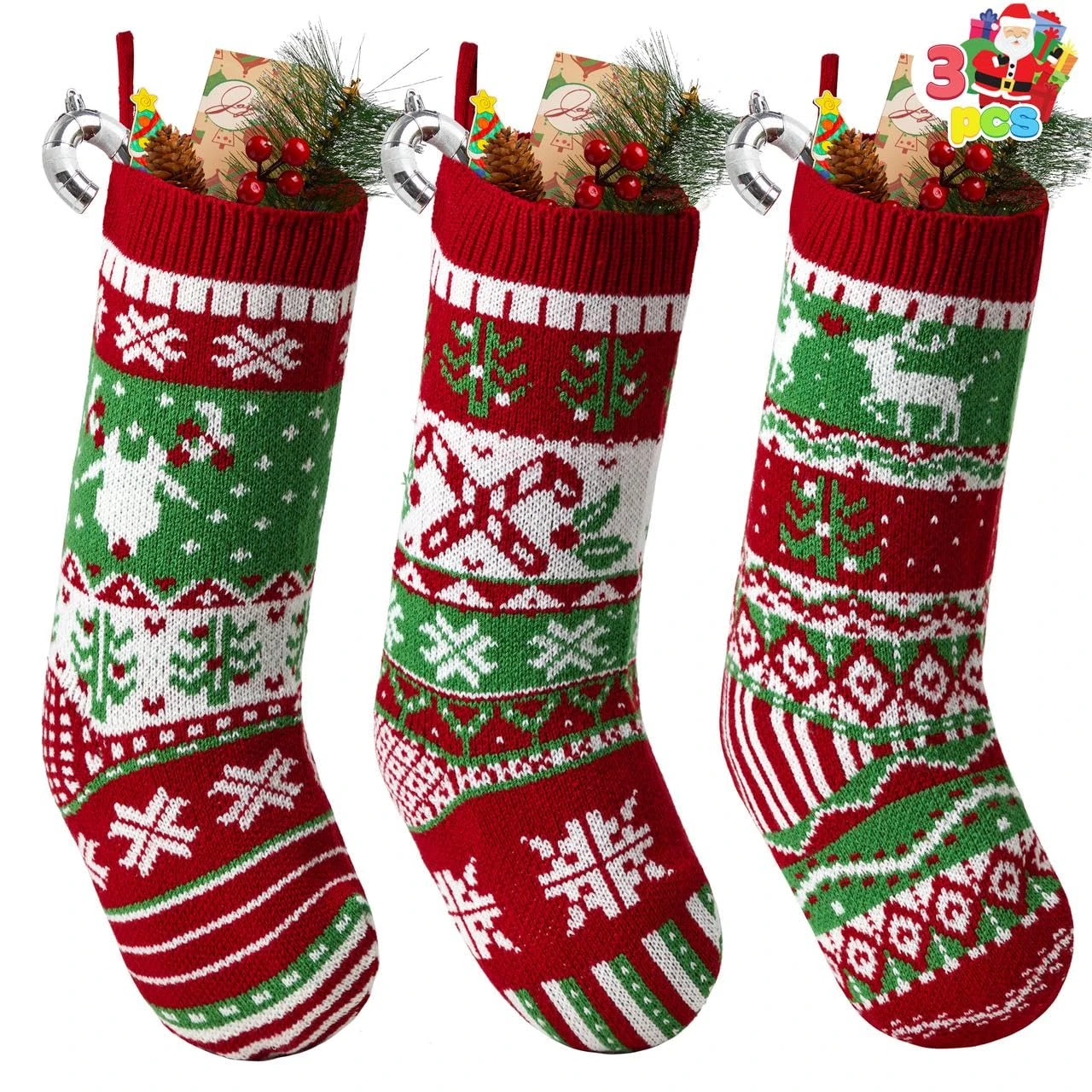 JOYIN 3 Pack 18” Christmas Stockings, Large Size Rustic Cable Knit Xmas Stocking in Red & Green, for Family Holiday Season Decorations