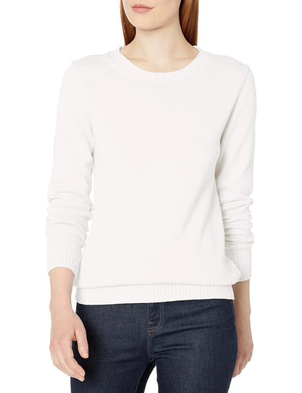 Amazon Essentials Women's 100% Cotton Crewneck Sweater (Available in Plus Size), White, L