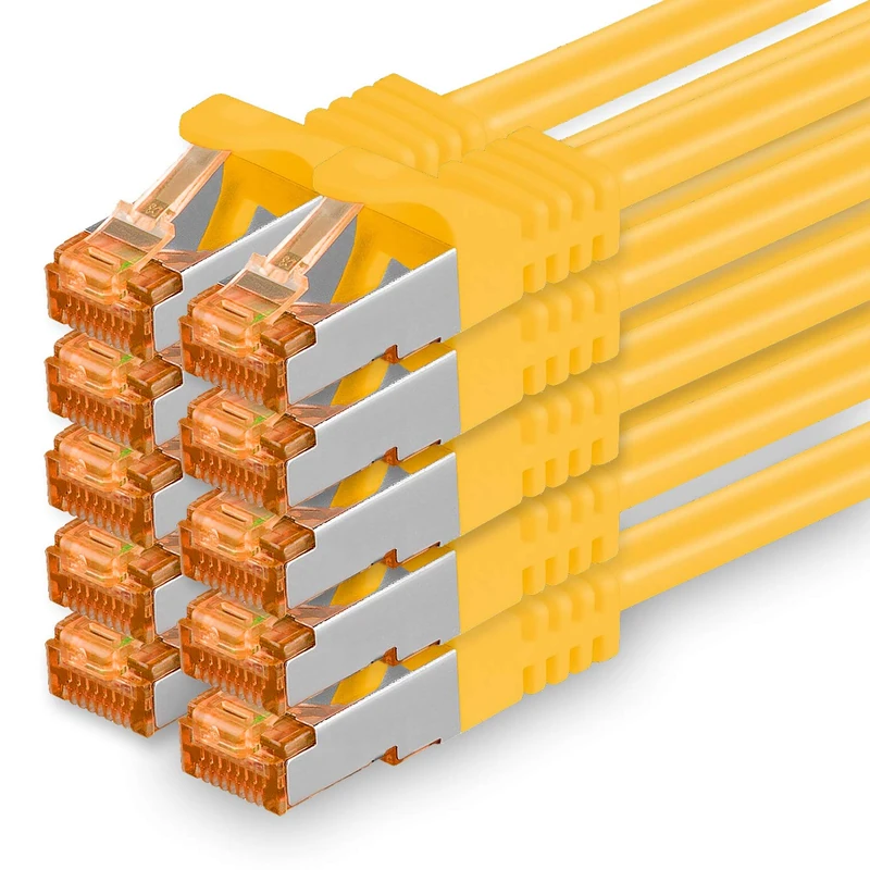 1aTTack.de 3.0 m - Cat.7 Network Cable Yellow - Pack of 10 Gigabit Ethernet LAN Cable 10000 Mbit S Patch Cable Cat7 Cable S FTP PIMF Shielding LSZH Cat.7 Raw Cable RJ45 Connector Cat 6a - 10 x 3 m