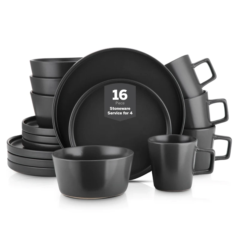 Stone Lain Coupe Dinnerware Set,16 Piece, Service for 4, Black Matte