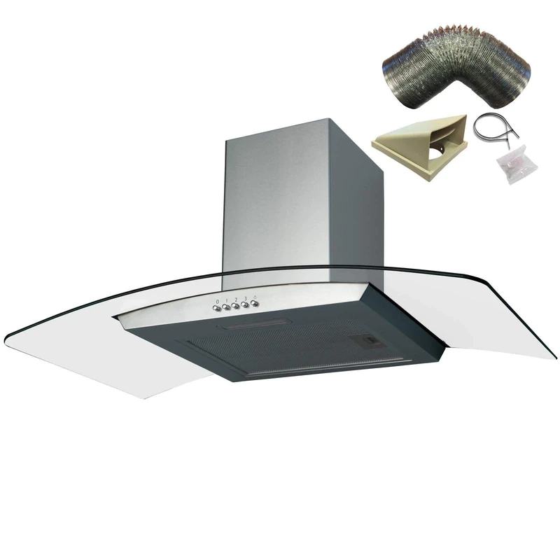 SIA CGH90SS 90cm Curved Glass Stainless Steel Chimney Cooker Hood and 1m Ducting