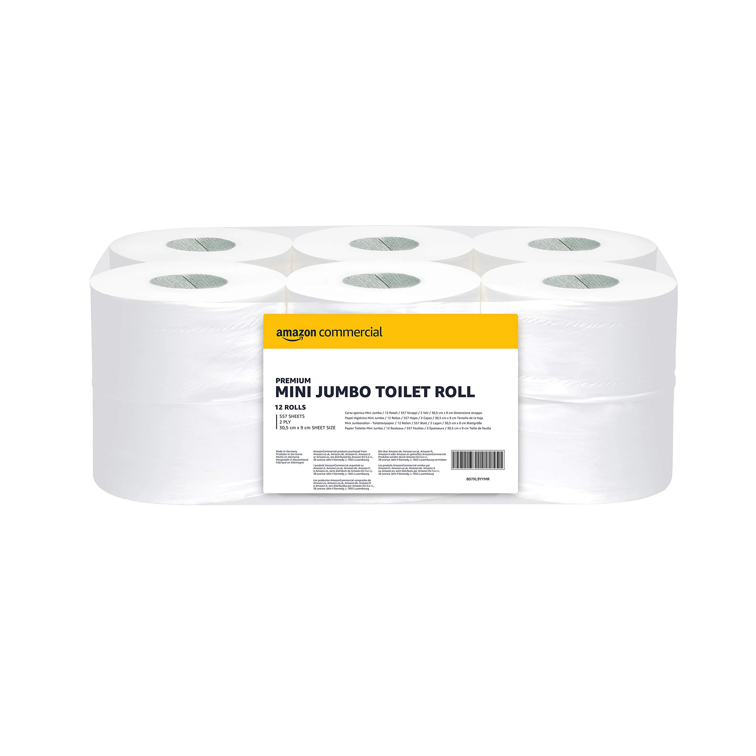 AmazonCommercial Mini Jumbo Toilet Roll, 2-ply Premium, 12 Rolls (1 pack), 557 Sheets per Roll, Sheet Size: 30.5 x 9 cm, T2 Dispenser Compatible