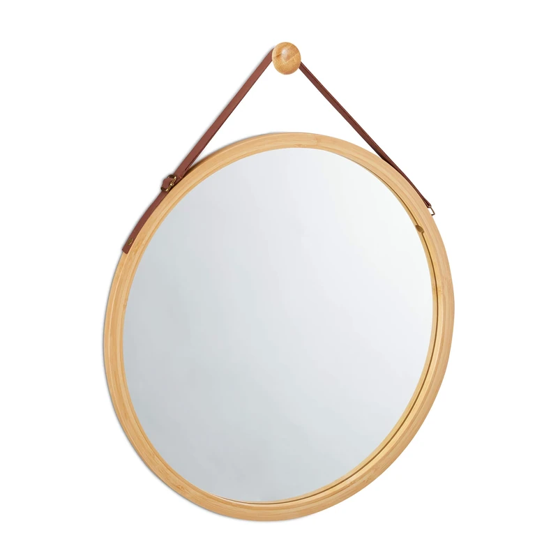 Relaxdays Round Hanging Mirror, Adjustable Strap, Bamboo Frame, Modern, Floor & Bathroom, ∅: 45 cm, Natural