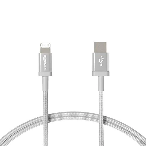 Amazon Basics Nylon Braided USB-C to Lightning Cable, MFi Certified Charger for iPhone 13/12/11/X/XS/XR/8, Type-C chargers, supports Power Delivery – Silver, 0.9 m