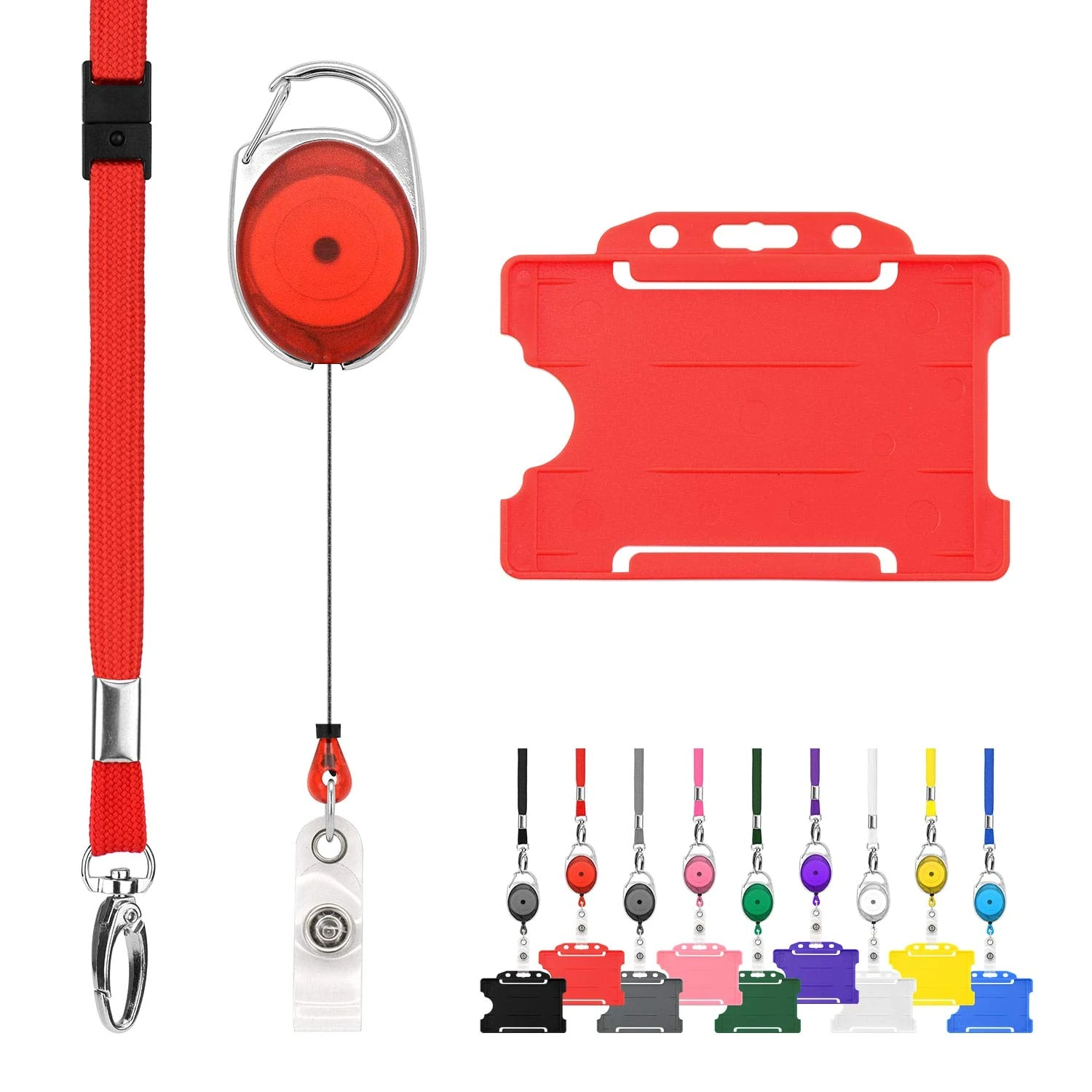 Retractable Lanyard and Badge Holder Trio Triple Pack by LanyardsTomorrow - Set Includes A Single Plain Lanyard, Extendable Carabiner Yoyo Reel Clip and Rigid ID Card Holder (Red)