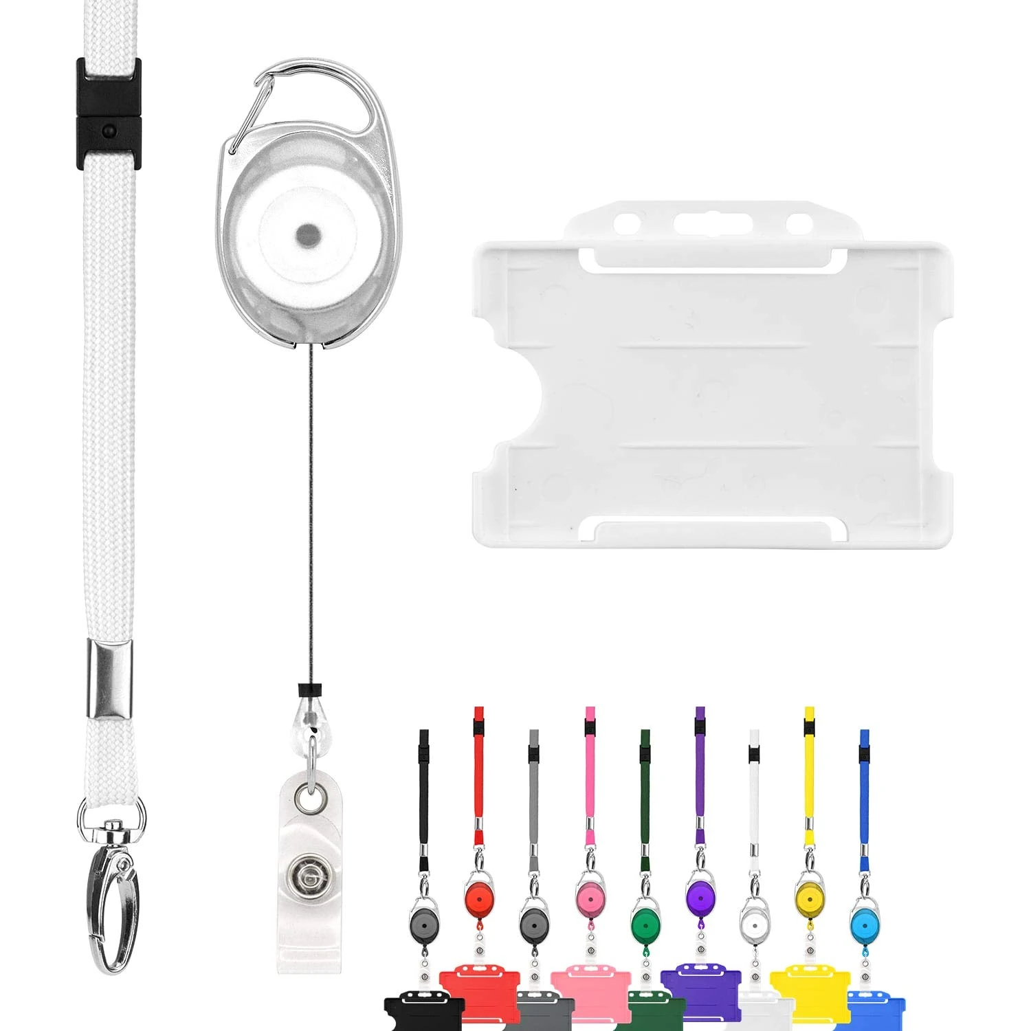 Retractable Lanyard and Badge Holder Trio Triple Pack by LanyardsTomorrow - Set Includes A Single Plain Lanyard, Extendable Carabiner Yoyo Reel Clip and Rigid ID Card Holder (White)