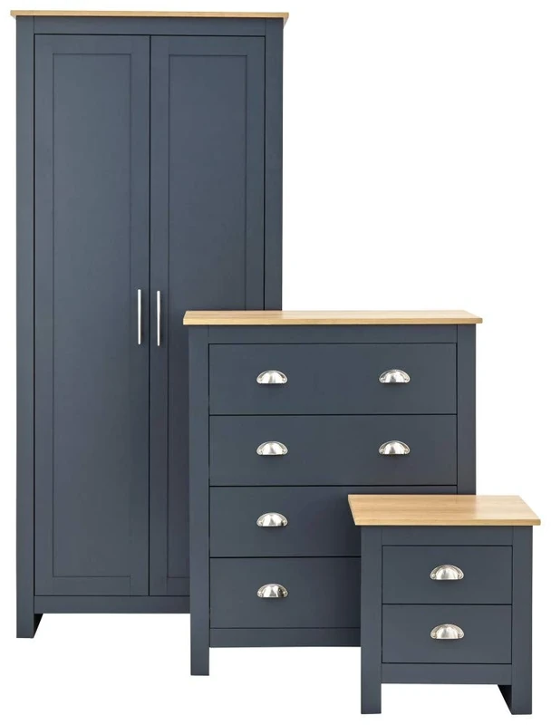 GFW Lancaster 3 Piece Bedroom Set Slate Blue Bedside Cabinet Chest Of Drawers Wardrobe