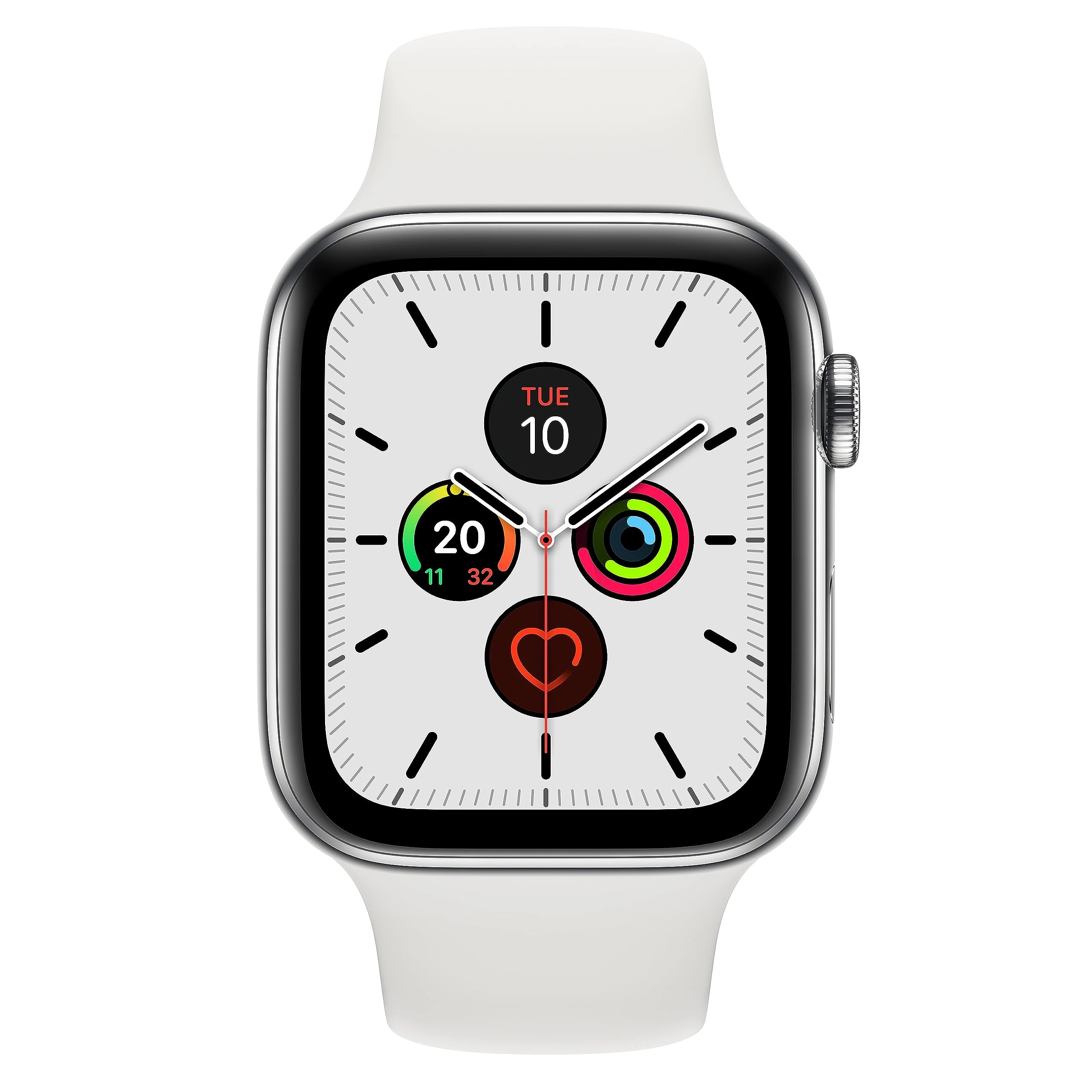 Apple Watch Series 5 (GPS + Cellular, 44 mm) Stainless Steel Case - Sports Strap White