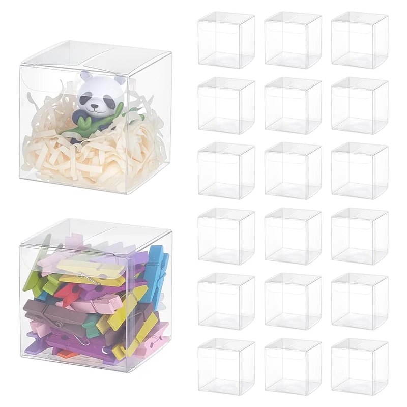BENECREAT 60PCS 6x6x6cm Clear Cube Wedding Boxes with Protective Film, PVC Transparent Gift Boxes Baby Shower Favors Box for Candy, Gift Presentation, Cake
