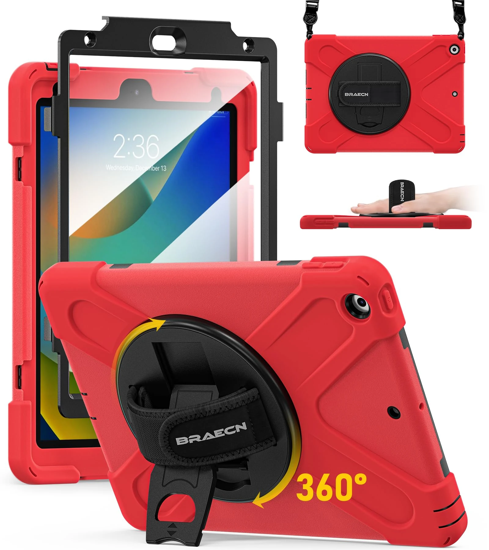 BRAECN for iPad 9th/8th/7th Generation Case 10.2 inch, Heavy Duty Rugged Protective Cover with Built Screen Protector/Hand Strap/Kickstand/Shoulder Strap for iPad 10.2 2021/2020/2019, Red