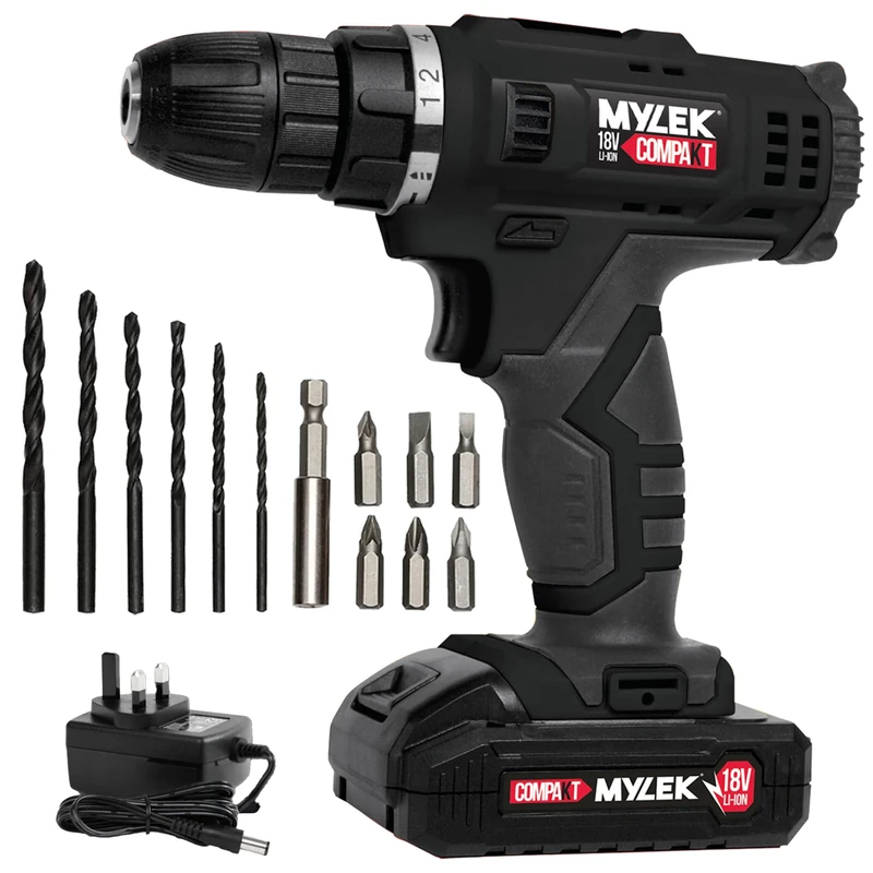 MYLEK MYW09 18V Cordless Drill Set - Li-Ion Battery, 650rpm, 15Nm