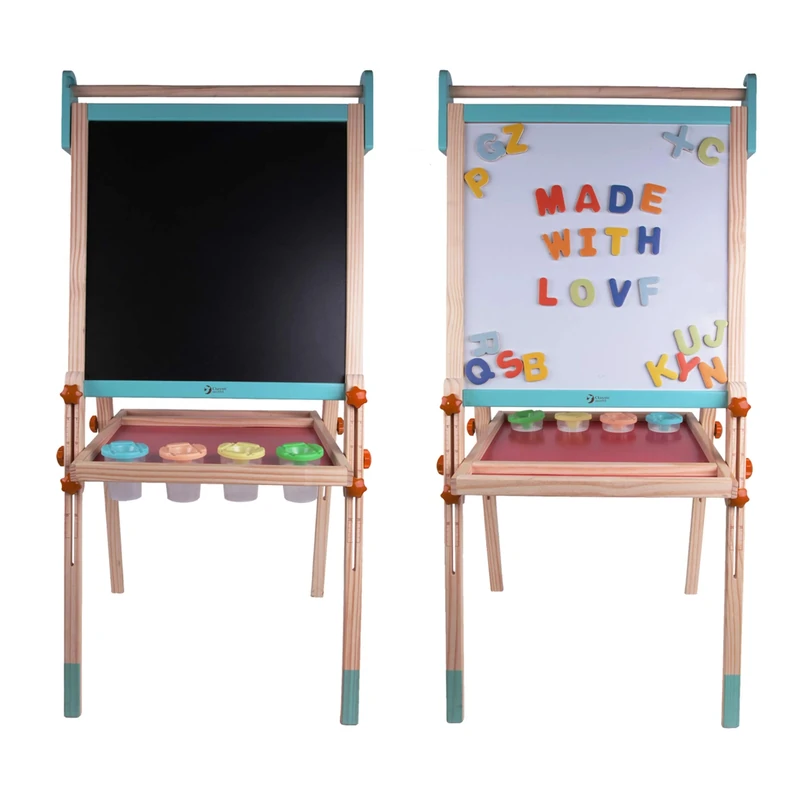 Classic World Wooden Double-Sided Multi-Functional Art Easel, Adjustable Height with Side Scale, Includes Magnetic Whiteboard, Chalkboard, 6 Paint Cups, 26 Alphabet Letters, 54 x 45 x 113 cm, 3 Years+