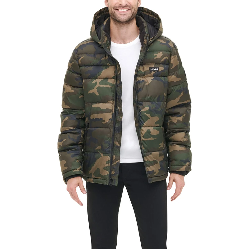 Levi's Men's Mid-Length Quilted Performance Hoody Puffer Jacket Down Alternative Coat, Camouflage, S