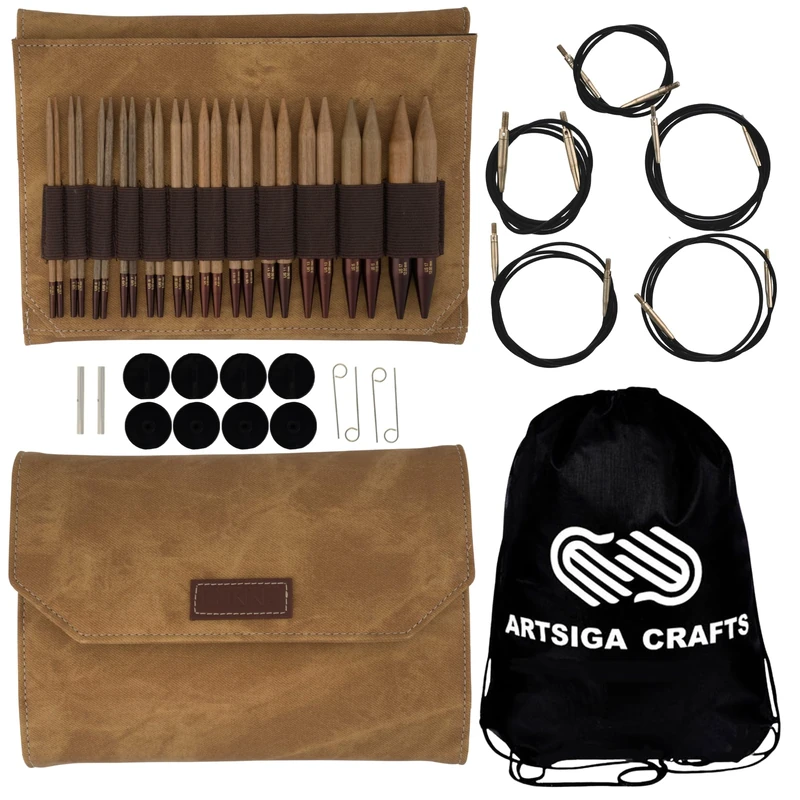 Lykke Knitting Needles Circular Interchangeable Set Umber 5 inches Long (13cm) Umber Denim Faux Leather Bundle with Artsiga Crafts Project Bag