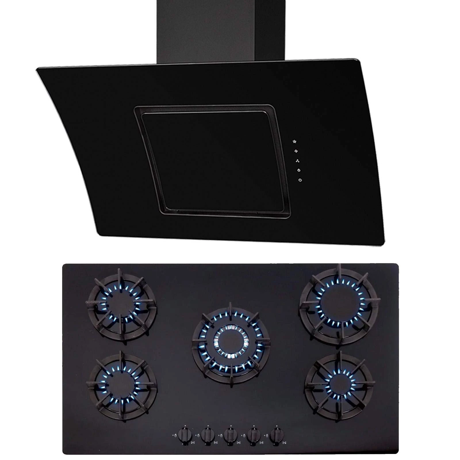 SIA 90cm Black 5 Burner Gas On Glass Hob And Curved Angled Glass Cooker Hood Fan