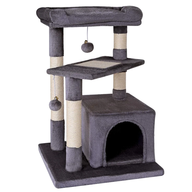 lionto Scratching tree for cats with cozy lying area & cave, height 75 cm, cat tree with sisal rope & soft plush, 2 plush balls incl. bells, suitable for small & large cats, dark grey