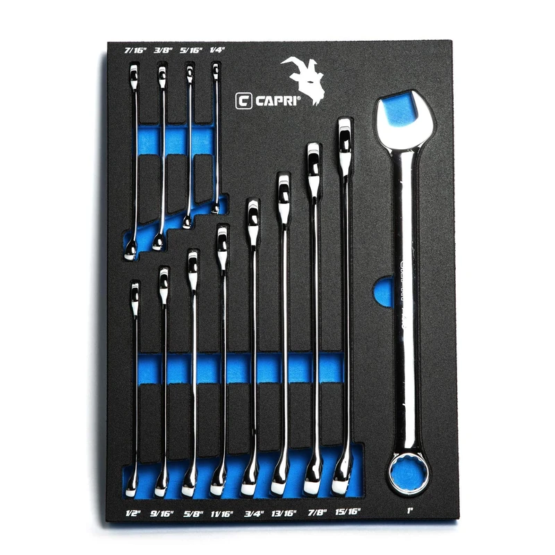 Capri Tools SmartKrome Combination Wrench Set with The Mechanic's Tray, SAE 1/4 to 1-inch, 13-Piece