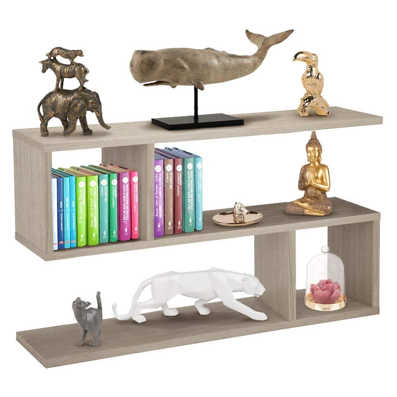 BAKAJI Low Bookcase 5 Shelves Melamine Wood Modern Design for Living Room Living Room Home Office Size 80 x 20 x 50.5 cm (Beige)