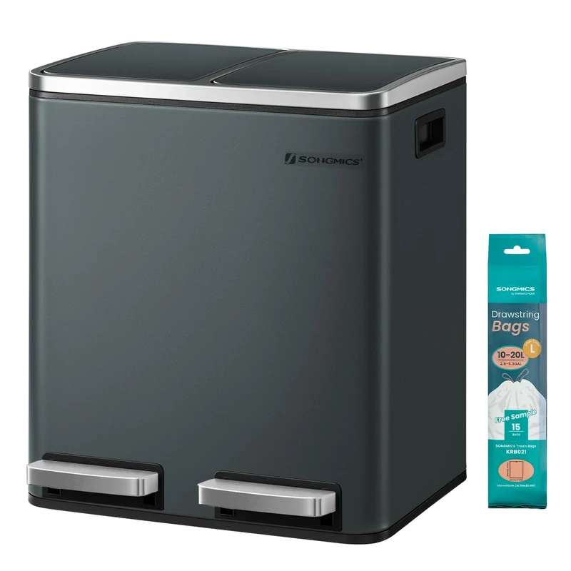 SONGMICS Kitchen Bin, 2 x 15L Double Bin for Recycling and Waste, Pedal Bin with Dual Compartments, Inner Buckets, Soft-Close Lids for Small Families, Steel, Greenish Grey LTB30GS