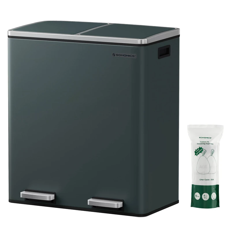 SONGMICS Dual Rubbish Bin, Metal Recycling Bin with 15 Rubbish Bags, 2-Compartment, with Lids, Pedals, Plastic Inner Buckets, Soft Closure, 2 x 8 Gallons (2 x 30 L), Greenish Grey LTB60GS