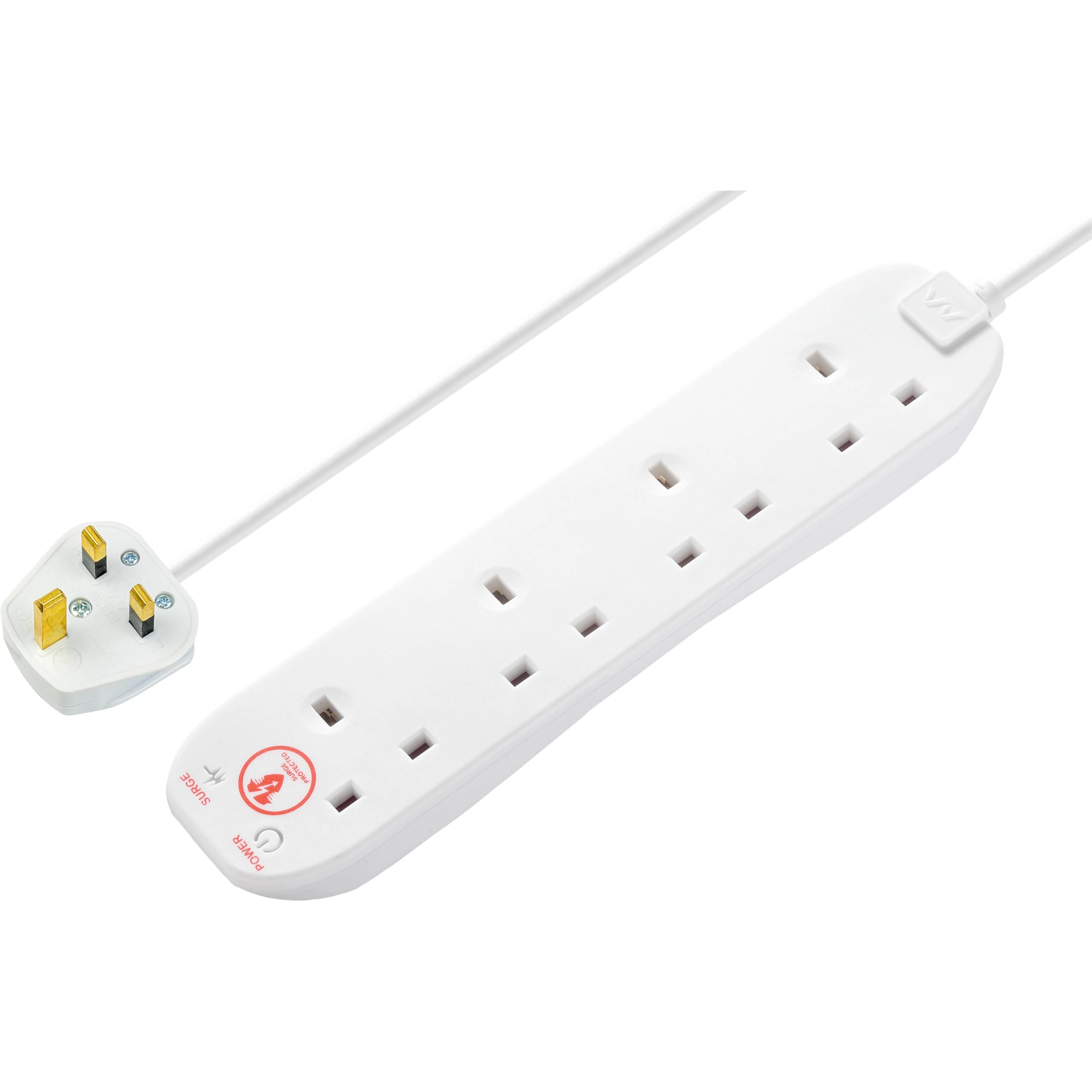 Masterplug Four Socket Extension Lead, 2 Metre Cable, Surge Protection, Power and Surge LED Indicators, Unswitched, 4-Way Plug Extension Cable, Power Strip, White, 13A, 4G, 2m, SRG4210N