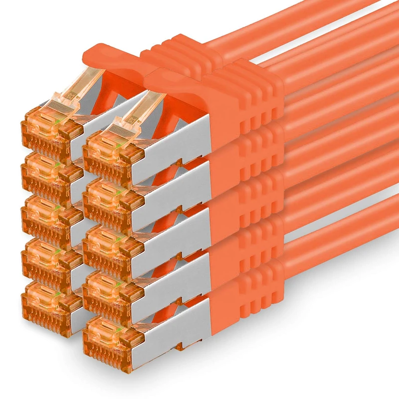 1aTTack.de 3.0 m - Cat.7 Network Cable Orange - Pack of 10 Gigabit Ethernet LAN Cable 10000 Mbit S Patch Cable Cat7 Cable S FTP PIMF Shielding LSZH Cat.7 Raw Cable RJ45 Connector Cat 6a - 10 x 3 m
