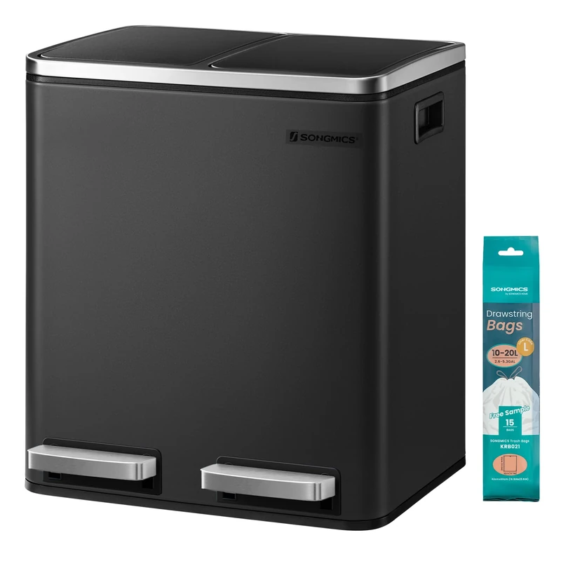 SONGMICS Dual Rubbish Bin, Metal Recycling Bin with 15 Rubbish Bags, 2-Compartment, with Lids, Pedals, Plastic Inner Buckets, Soft Closure, 2 x 4 Gallons (2 x 15 L), Black LTB030BH01