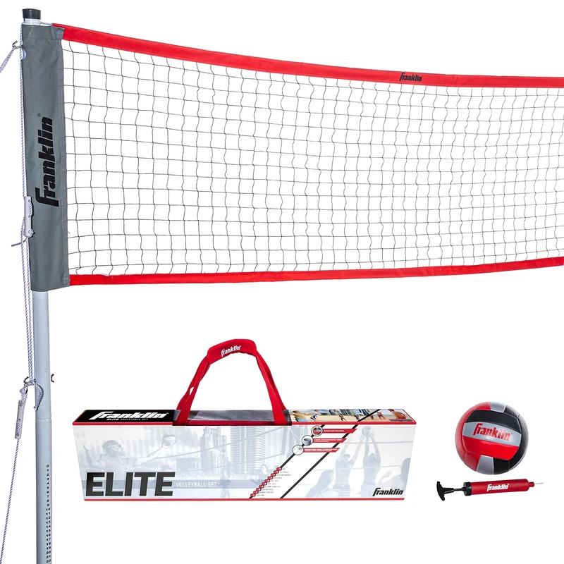Franklin Sports Elite Volleyball Net Set - Includes Pro Style Ball with Pump, Poles/Net, Stakes, Ropes, Boundary Kit - Beach + Backyard Volleyball Set - Easy Setup