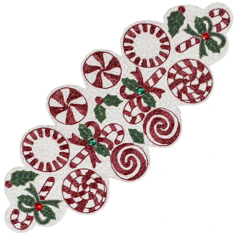 Christmas Table Runners 36 Inches, Candy Beaded Table Runner, Table Mats for Kitchen Table - Home Decor Mat for Harvest, Thanksgiving, Wedding, Party Decoration - Red/Green/White