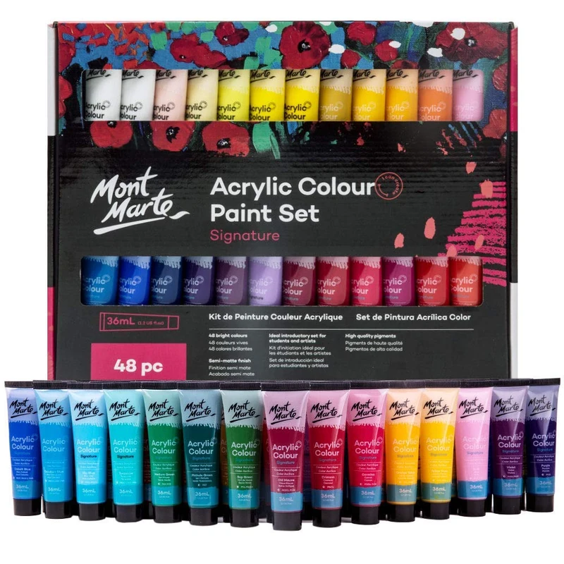 MONT MARTE Acrylic Paint Set, 48 x 36ml, Semi-Matte Finish, 48 Colours, Suitable for Canvas, Wood, MDF, Leather, Air-Dried Clay, Plaster, Cardboard, Paper and Crafts