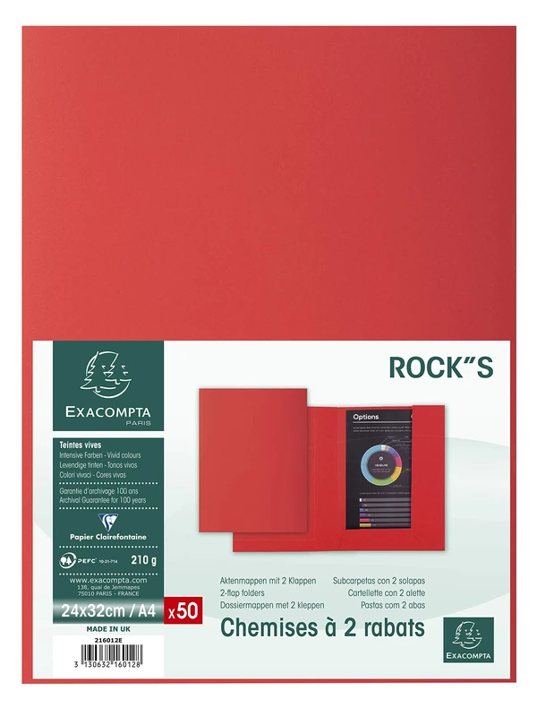 Exacompta - Ref 216012E - Rocks Collection - 2-Flap Folders - 240 x 320mm in Size, Suitable for A4 Documents, 210gsm Material, 2 Fold-Over Flaps - Red (Pack of 50)