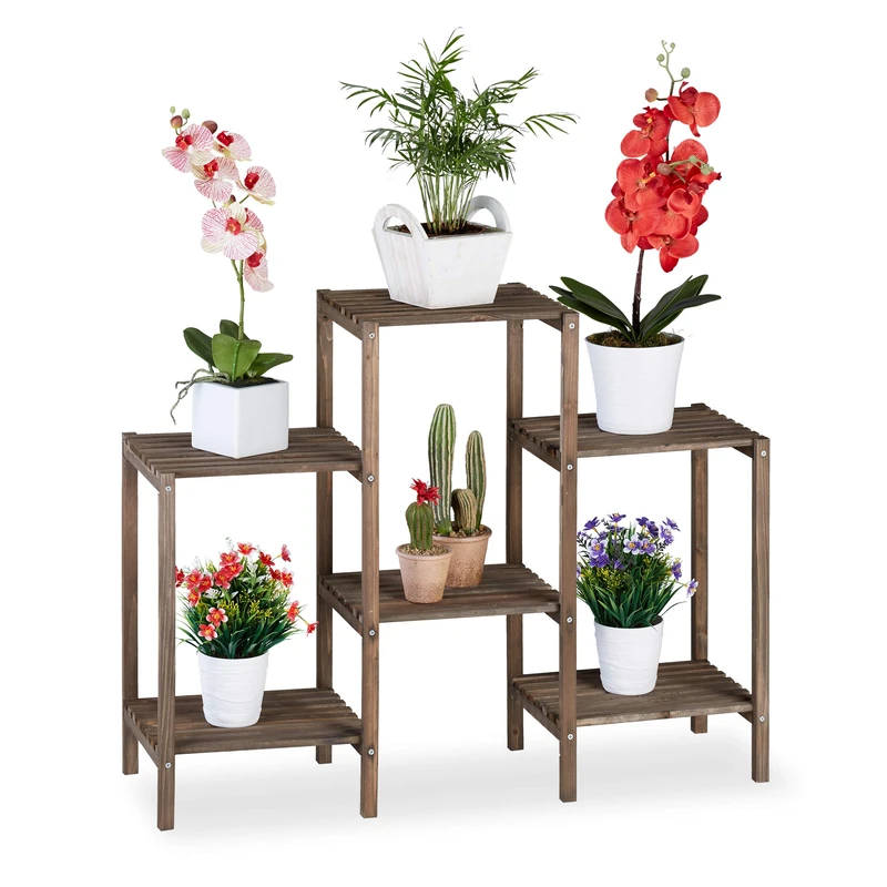 Relaxdays Wooden Flower Ladder Rack, Shabby Look, Indoor Use, Freestanding, Plant Stand, 6 Shelves, 70x89x27 cm, Brown