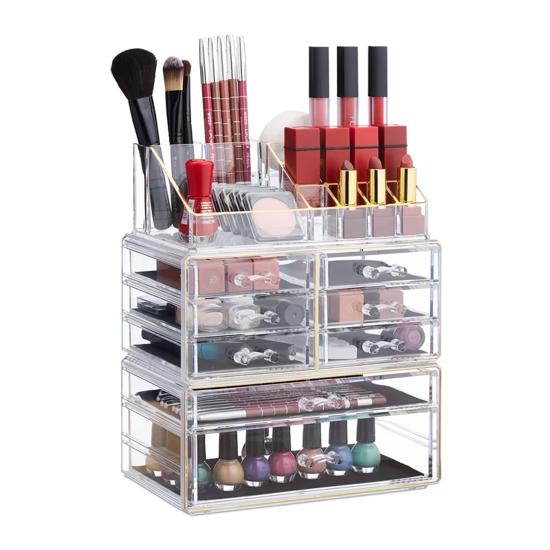 Relaxdays Makeup Organizer with Drawers, Stacking Makeup and Jewellery Box, Acrylic Cosmetic Kit, Clear-Gold