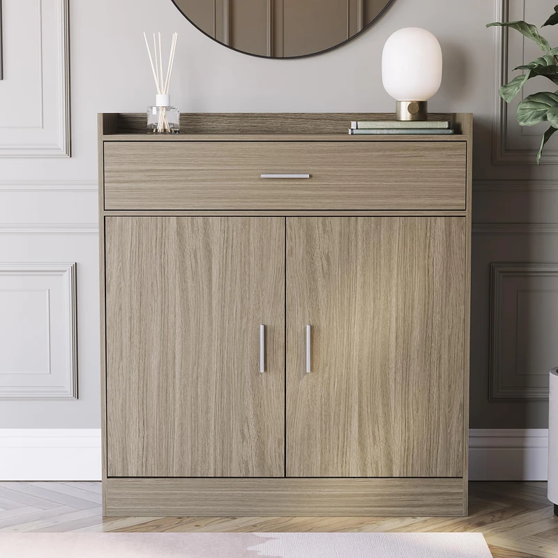 Vida Designs Dalby Shoe Cabinet, Wooden Shoe Storage Unit with 2 Doors & 1 Drawer, Multifunctional Dust-Proof Space-Saving Cupboard for Hallway or Entryway (Oak)