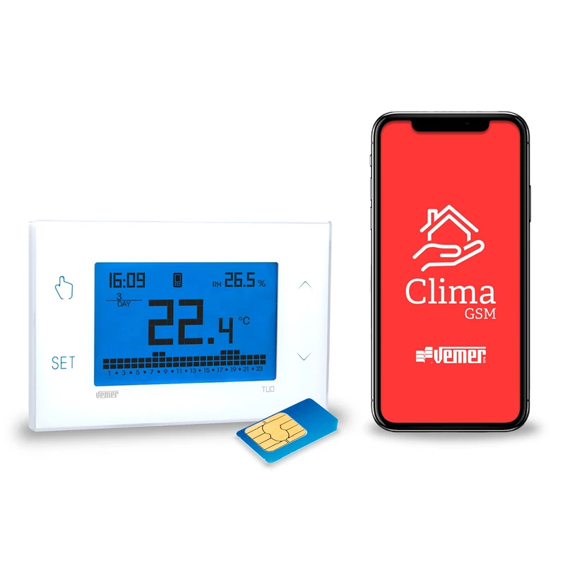 VEMER VE771800 Model TUO GSM Bianco Weekly chronothermostat with GSM Module for Remote Control by Smartphone. Wall-mounting, 230Vac. Color White