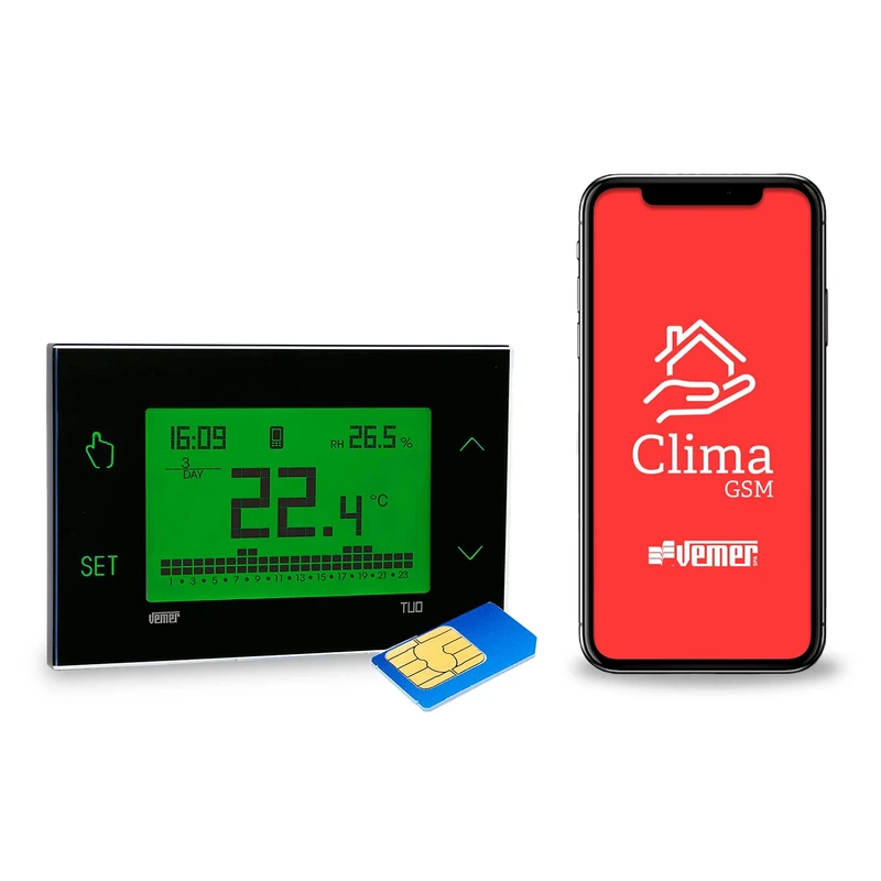 VEMER VE771900 Model TUO GSM Nero Weekly chronothermostat with GSM Module for Remote Control by Smartphone. Wall-mounting, 230Vac. Color Black