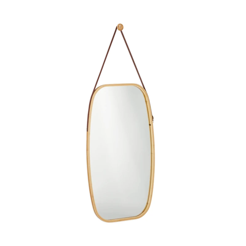 Relaxdays Hanging Mirror, Bamboo Frame, Adjustable Strap, Oval Wall Mirror, Modern, Hallway, Bed- & Living Room, Natural