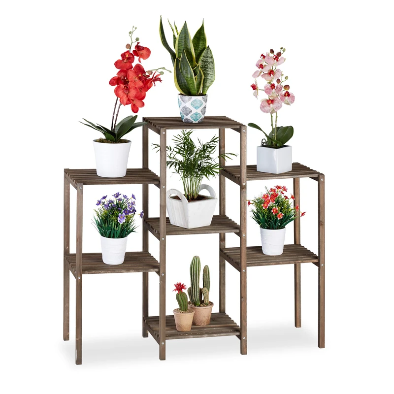 Relaxdays Wooden Flower Ladder Rack, Shabby Look, Indoor Use, Freestanding, Plant Stand, 7 Shelves, 86x95x29 cm, Brown