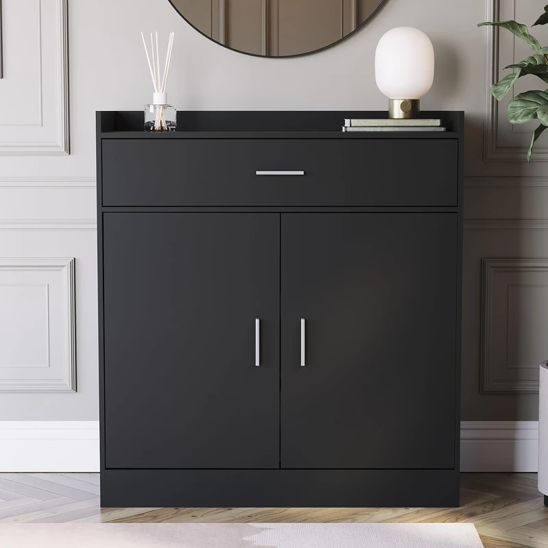 Vida Designs Dalby Shoe Cabinet, Wooden Shoe Storage Unit with 2 Doors & 1 Drawer, Multifunctional Dust-Proof Space-Saving Cupboard for Hallway or Entryway (Black)