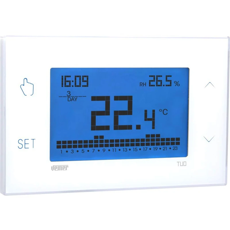 VEMER VE771600 Model TUO Bianco Weekly chronothermostat. Wall-mounting, 230Vac. Color White