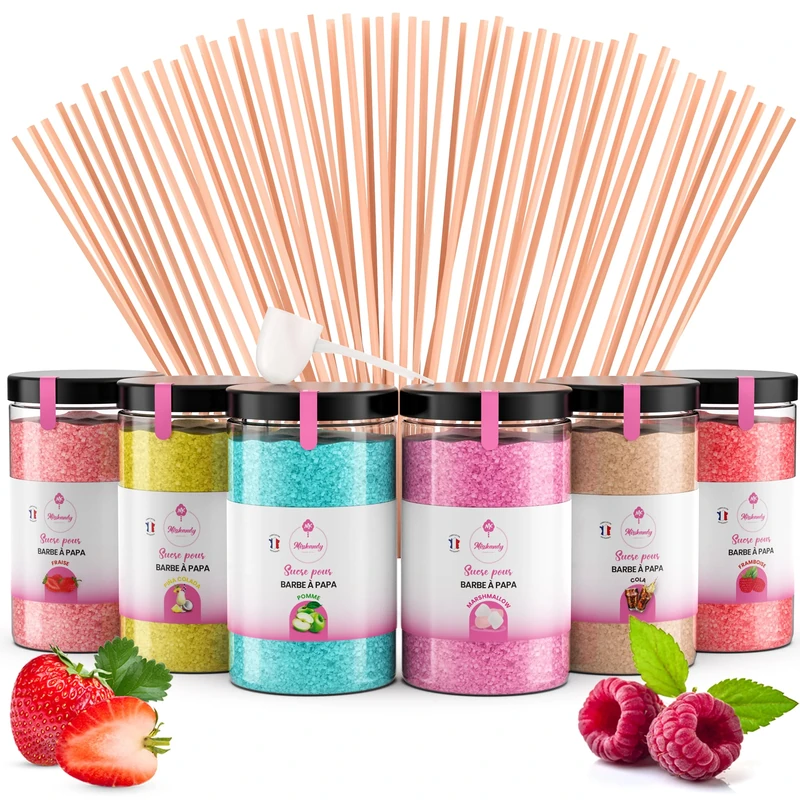 Misskandy®-Candy Floss Sugar Pack (6 * 300g) (Strawberry, Pina colada, Marshmallow, Raspberry, cola, apple) Use in Cotton Candy Maker + 50 Sticks of 30 cm (free)