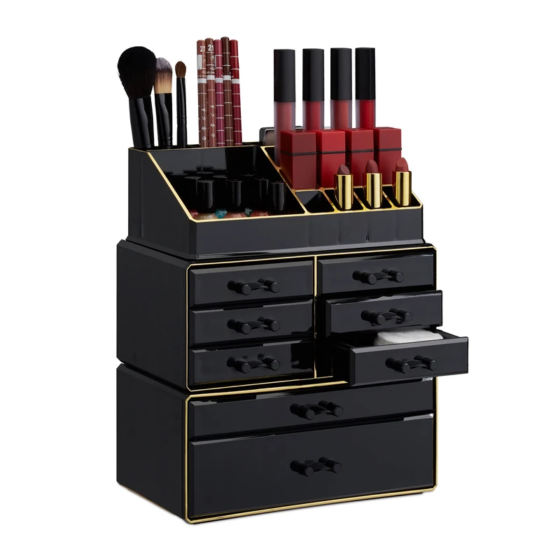 Relaxdays Makeup Organizer with Drawers, Stacking Makeup and Jewellery Box, Acrylic Cosmetic Kit, Black-Gold