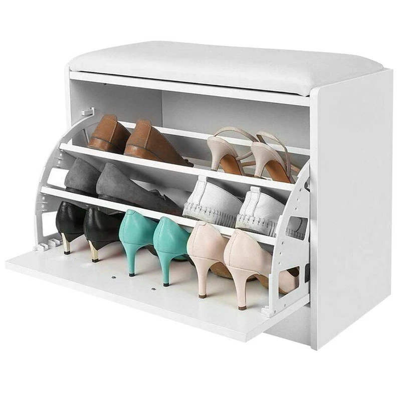 BAKAJI Wooden Shoe Rack with Triple Depth and Seat in Eco Leather, Storage Box Dimensions 60 x 30 x 48 cm (White) - Image 1