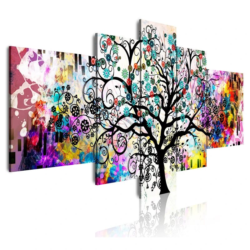 DekoArte 510 Modern Picture, Digitised Art Print, Decorative Picture for the Salon or Bedroom Abstract Art Tree of Life by Gustav Klimt 5 Pieces, 180 x 85 cm, XXL - Image 1